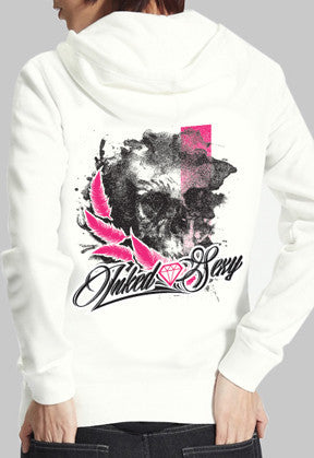 "Smokey Skull" Women's Zip up Hoodie in white